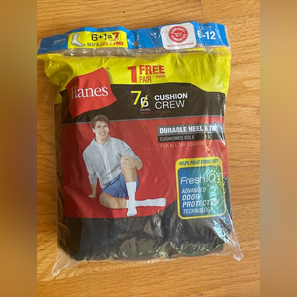 Hanes Cushion Crew Socks 7 Pairs Shoe Size 6-12 Black Socks New